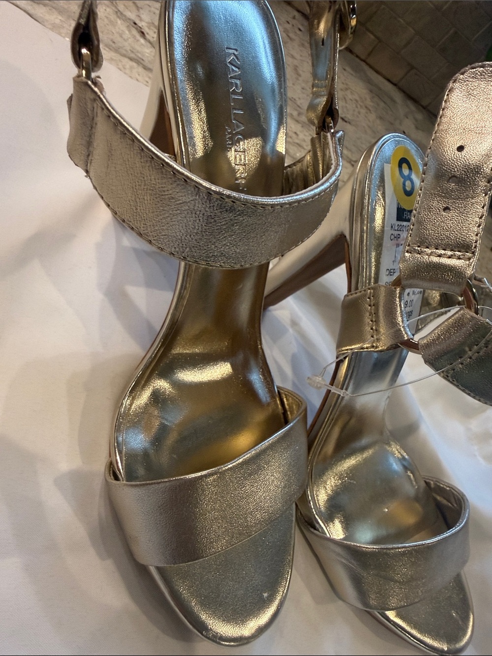Karl Lagerfeld Silver Metallic Open-Toe Ankle Strap Heels Gold